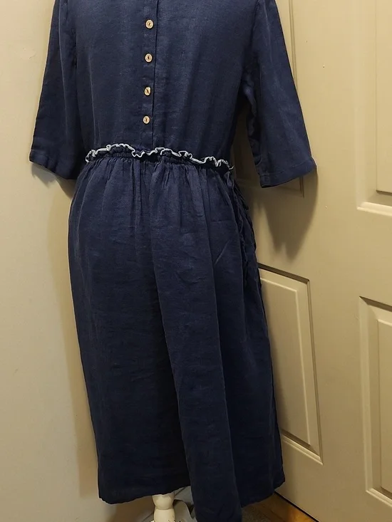 Lintico Navy 100% Linen Lagenlook Jasmine Drawstring Waist Dress Size M - Picture 4 of 8